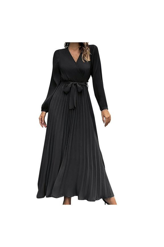 Women's V Neck Pleated A-line Dress 2024 Fall Long Sleeve Casual Swing Maxi Long Dresses for Party Wedding Guest