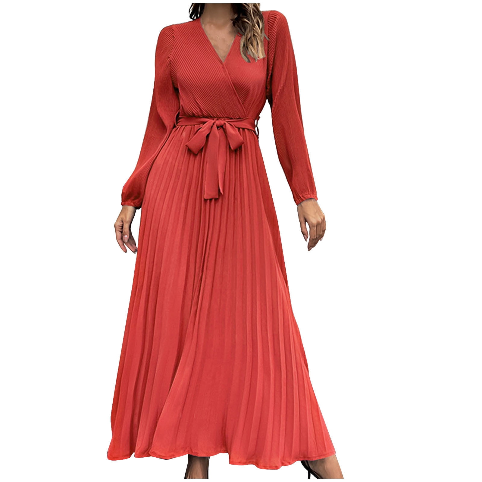 Women's V Neck Pleated A-line Dress 2024 Fall Long Sleeve Casual Swing Maxi Long Dresses for Party Wedding Guest