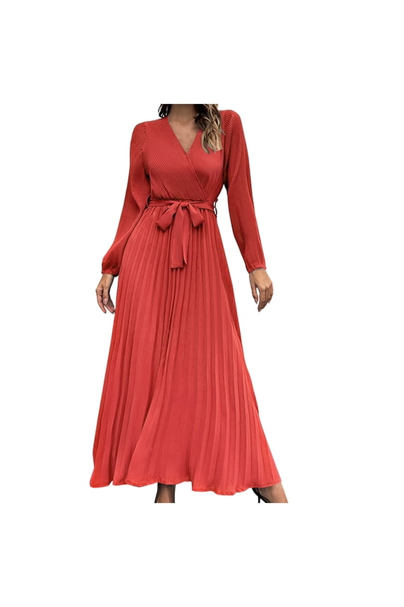 Women's V Neck Pleated A-line Dress 2024 Fall Long Sleeve Casual Swing Maxi Long Dresses for Party Wedding Guest