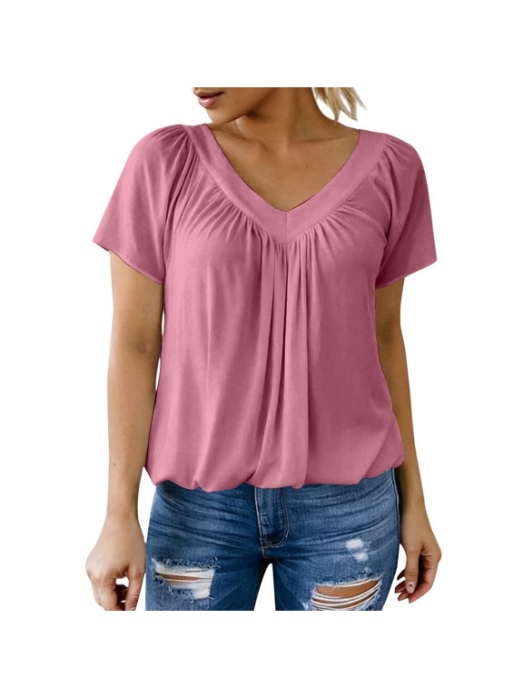 Women's V-Neck Pleated Front T Shirts Blousy Tops for Women Soft Basic T Shirts Loose Pleated Shirts Pleated V Neck Shirts Summer Basic Tee Tops Dressy Casual Tops Tunic Tops Basic Shirts Pink 3Xl