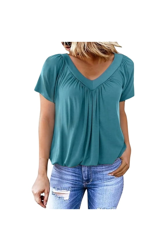 Women's V-Neck Pleated Front T Shirts Elastic Waist Tops for Women Peasant Tops for Women 2026 Summer Beach Tops Soft Basic T Shirts Casual Loose Ruched Top Loose Pleated Shirts Sky Blue L
