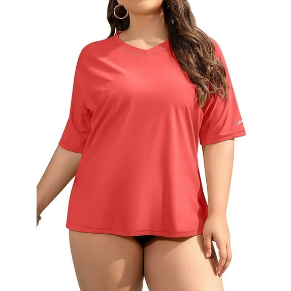 Women's V Neck Plus Size Rash Guard Stretchy Solid Swim Shirt UPF 50+ Swimwear Tops