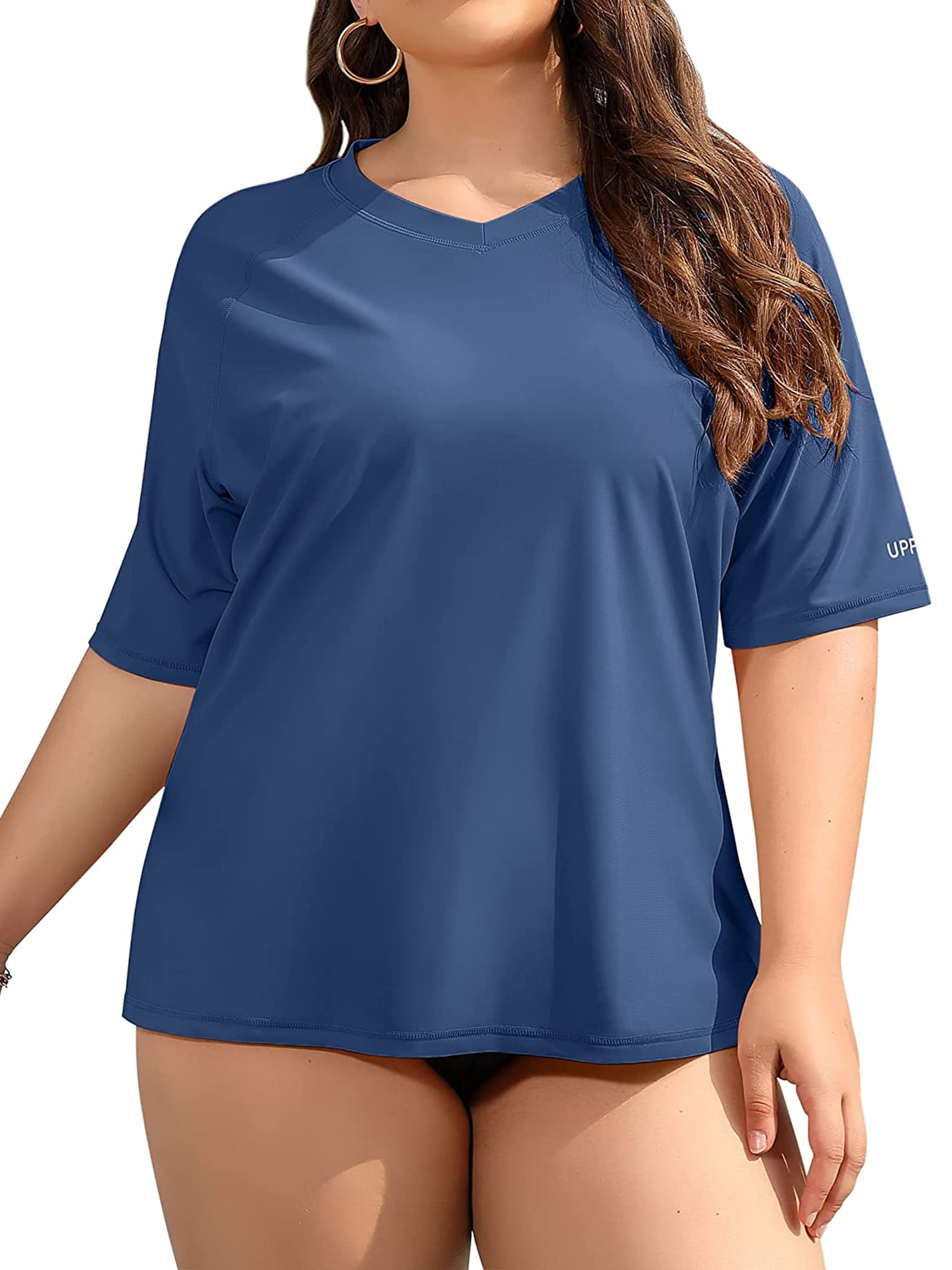 Women's V Neck Plus Size Rash Guard Stretchy Solid Swim Shirt UPF 50+  Swimwear Tops 