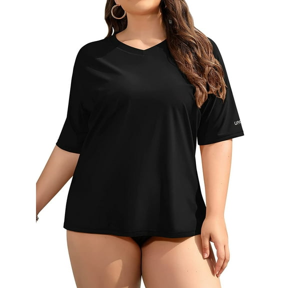 Women's V Neck Plus Size Rash Guard Stretchy Solid Swim Shirt UPF 50+ Swimwear Tops