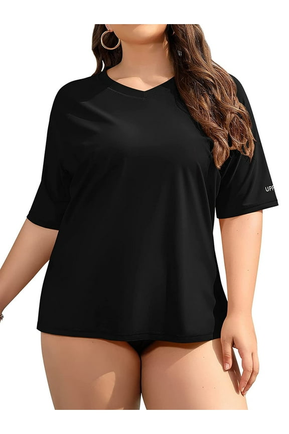 Women's V Neck Plus Size Rash Guard Stretchy Solid Swim Shirt UPF 50+ Swimwear Tops