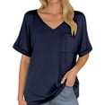 thumbnail image 1 of Women's V Neck Pocket Tee With Rolled Hem Short Sleeve Loose Top, 1 of 1