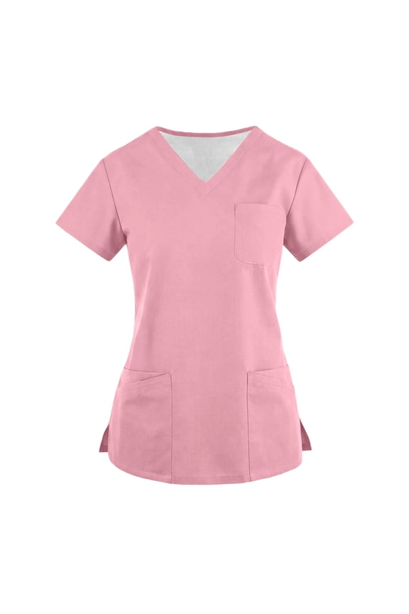 Women's V-Neck Pocket Workwear Top,Soft Stretch Solid Color Short Sleeve Pullover Blouse,Side Slit Comfort Scrub Shirt for Daily Wear Pink L