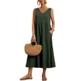thumbnail image 1 of Women's V Neck Pocketed Midi Dress with Ruched Fit and Size Range ninety five percent polyester and five percent spandex, 1 of 10