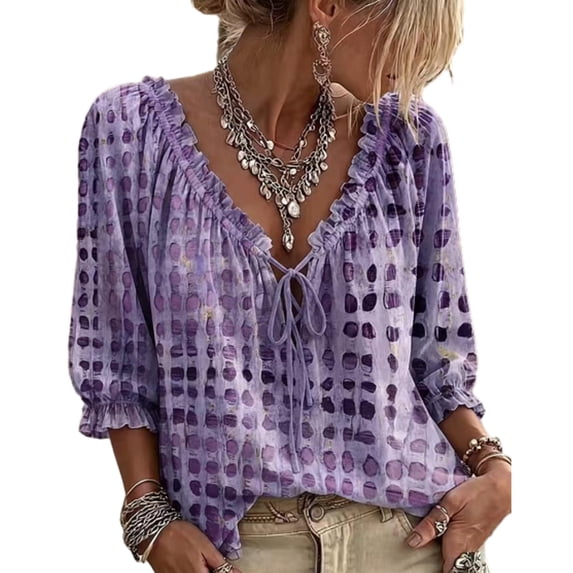 Polka Dot Lace Up Blouse, Women's V-Neck Abstract Geometric Print Drawstring Ruffle 3/4 Sleeve Summer Casual Flowy Tops, S