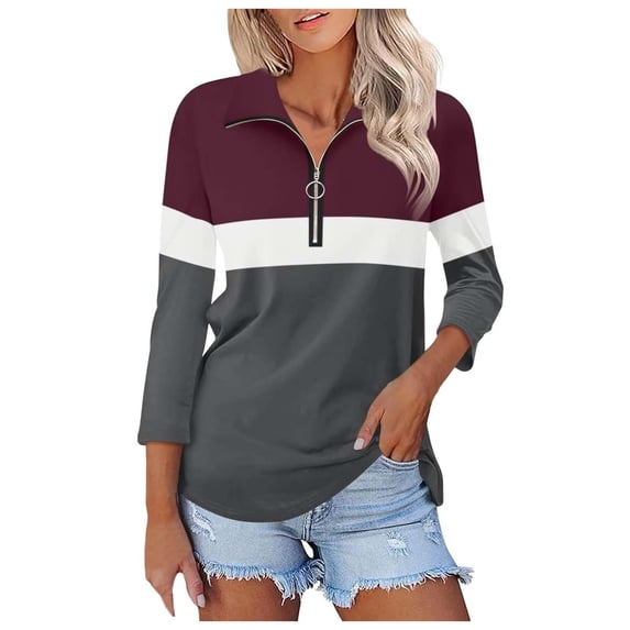 Women's V Neck Polo Shirt 3/4 Sleeve Quarter Zip Collared Tops Color Block Casual Dressy Fall Ladies Blouses