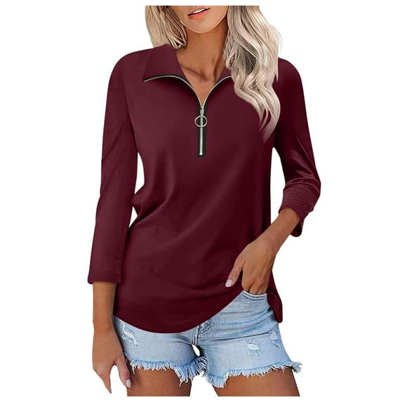Women's V Neck Polo Shirt 3/4 Sleeve Quarter Zip Collared Tops Color Block Casual Dressy Fall Ladies Blouses