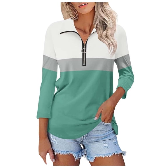 Women's V Neck Polo Shirt 3/4 Sleeve Quarter Zip Collared Tops Color Block Casual Dressy Fall Ladies Blouses