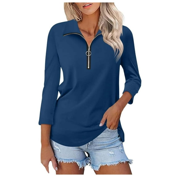 Women's V Neck Polo Shirt 3/4 Sleeve Quarter Zip Collared Tops Color Block Casual Dressy Fall Ladies Blouses