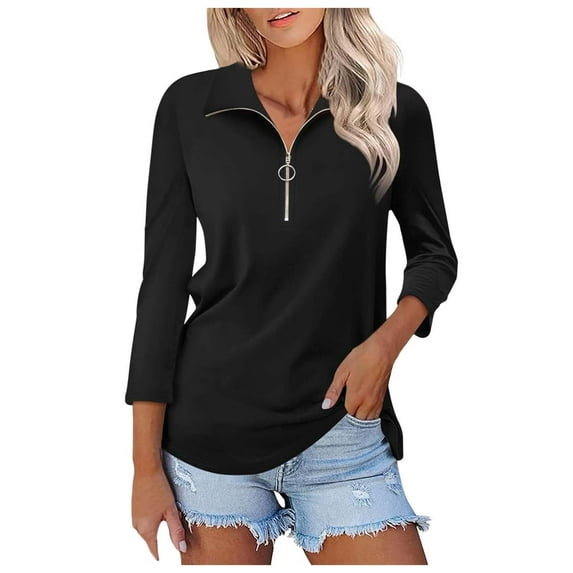 Women's V Neck Polo Shirt 3/4 Sleeve Quarter Zip Collared Tops Color Block Casual Dressy Fall Ladies Blouses