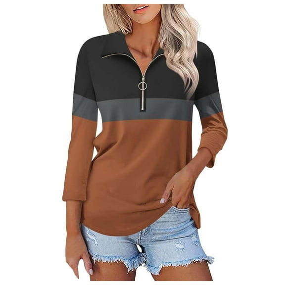 Women's V Neck Polo Shirt 3/4 Sleeve Quarter Zip Collared Tops Color Block Casual Dressy Fall Ladies Blouses
