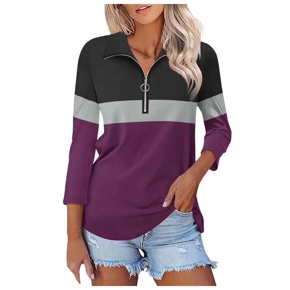 Women's V Neck Polo Shirt 3/4 Sleeve Quarter Zip Collared Tops Color Block Casual Dressy Fall Ladies Blouses