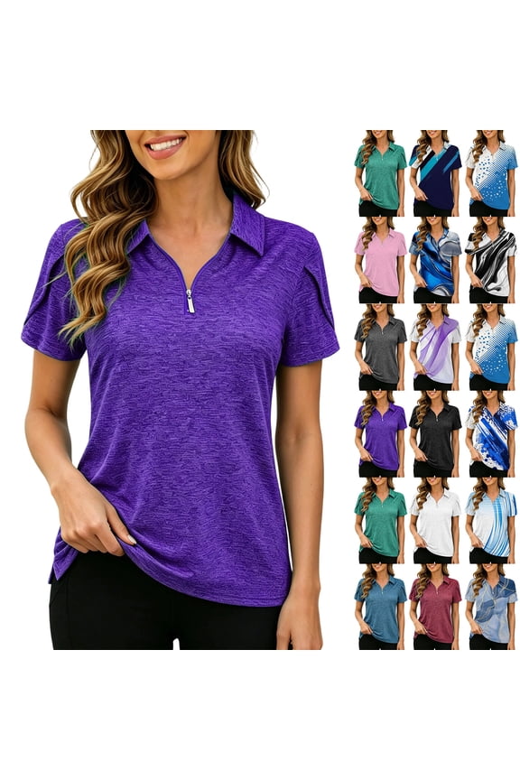 Women's V-Neck Polos Shirts UPF 50+ 1/4 Zip Short Sleeve Sun Protection Quick Dry Golf Polos Collared Shirt