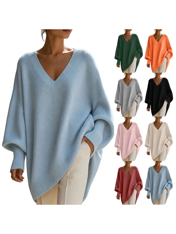 Women's V-Neck Poncho Sweater Long Sleeve Asymmetrical Hem Loose Fit Pullover Top
