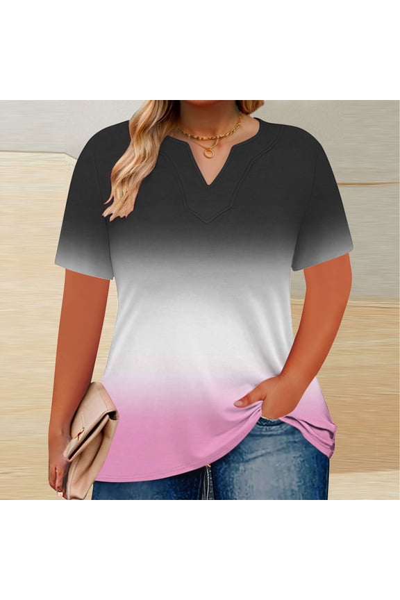 Women's V-Neck Printed Oversized Short Sleeve T-Shirt, Gradient Color Casual Loose Fit Top, Comfortable and Stylish, Perfect for Spring/Summer, Available in Plus Sizes L-5XL