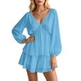 thumbnail image 1 of Women's V Neck Puff Long Sleeve Tiered Ruffle Mini Dress, Solid Elastic Waist Flowy Chiffon Summer Swing Short Dress Blue S(S), 1 of 5