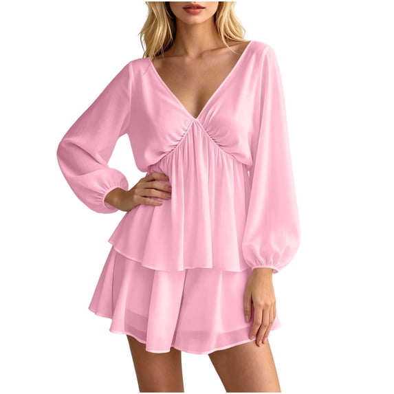 Women's V Neck Puff Long Sleeve Tiered Ruffle Mini Dress, Solid Elastic Waist Flowy Chiffon Summer Swing Short Dress Pink M(M)