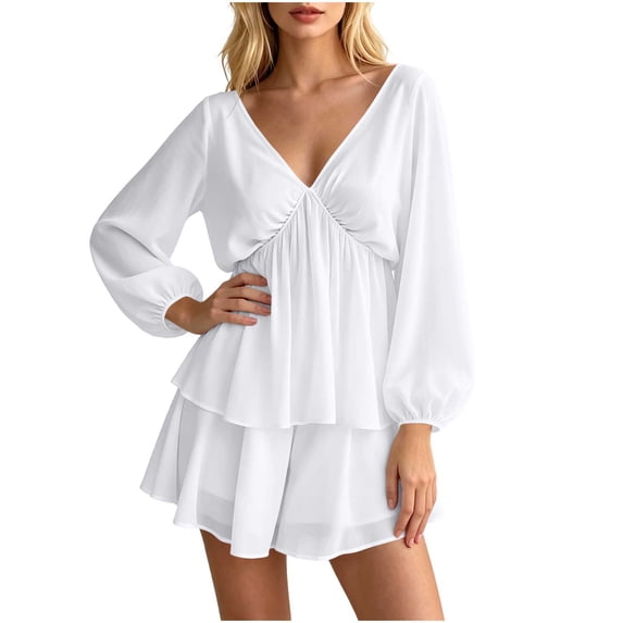 Women's V Neck Puff Long Sleeve Tiered Ruffle Mini Dress, Solid Elastic Waist Flowy Chiffon Summer Swing Short Dress White S(S)