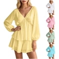 thumbnail image 1 of Women's V Neck Puff Long Sleeve Tiered Ruffle Mini Dress, Solid Elastic Waist Flowy Chiffon Summer Swing Short Dress Yellow XL(XL), 1 of 5