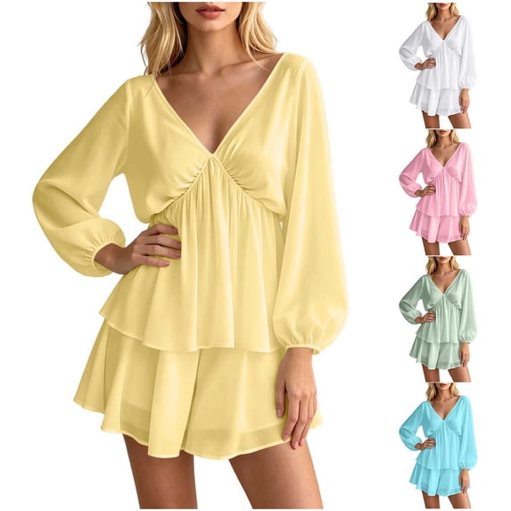 Women's V Neck Puff Long Sleeve Tiered Ruffle Mini Dress, Solid Elastic Waist Flowy Chiffon Summer Swing Short Dress Yellow XL(XL)