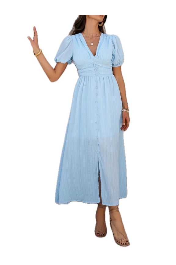 Women's V-Neck Puff Short Sleeve Midi Dress with Buttoned Ruched Slit and Lined Sheer Overlay 100% Polyester Fabric
