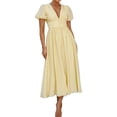 thumbnail image 1 of Women's V-Neck Puff Short Sleeve Midi Dress with Smocked Bodice and Zipper Detail 100% Polyester Everyday Wear, 1 of 18