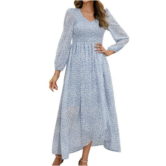 Women's V-Neck Puff Sleeve A-Line Dress High Waist Split Maxi Dress Bohemian Vacation Dresses