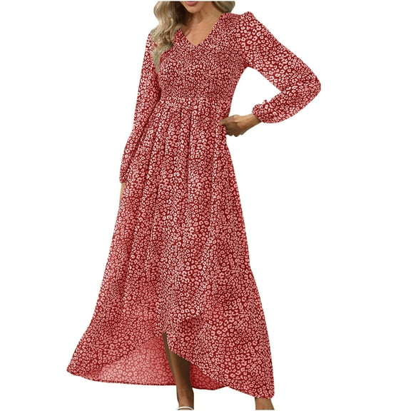 Women's V-Neck Puff Sleeve A-Line Dress High Waist Split Maxi Dress Bohemian Vacation Dresses
