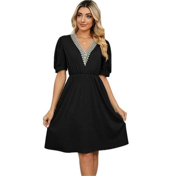 Women's V Neck Puff Sleeve Dress tiered silhouette for elegant daily wear everyday 65% rayon 30% polyester 5% spandex