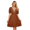 thumbnail image 1 of Women's V Neck Puff Sleeve Dress with Pocket Contrast Detail 65% rayon 30% polyester 5% polyester Knee Length, 1 of 18