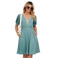 thumbnail image 1 of Women's V Neck Puff Sleeve Dress with Pocket Contrast Detail 65% rayon 30% polyester 5% polyester Knee Length, 1 of 18