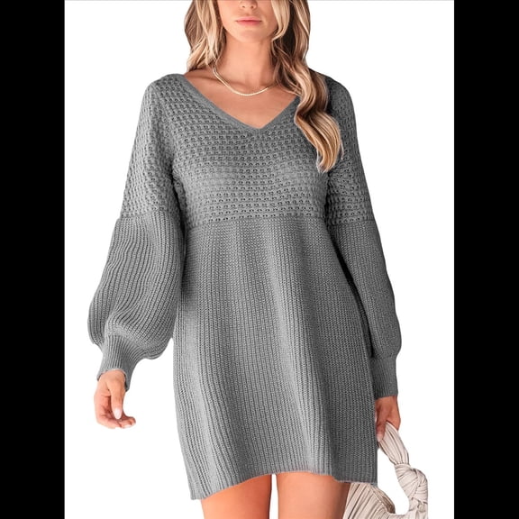 Women's V-Neck Puff Sleeve Knitted Sweater Dress Autumn and Winter Casual Knitted Pullover Long Sleeve Dress Grey L