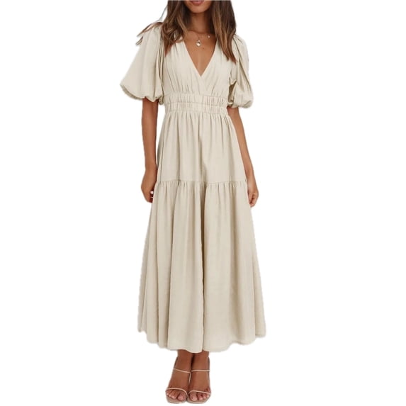 Women's V Neck Puff Sleeve Midi Dress with Ruched Detail Lined Body Lightweight Fabric 95% Polyester 5% Spandex