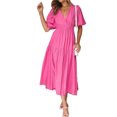 thumbnail image 1 of Women's V Neck Puff Sleeve Midi Dress with Ruched Detail Lined Body Lightweight Fabric 95% Polyester 5% Spandex, 1 of 20