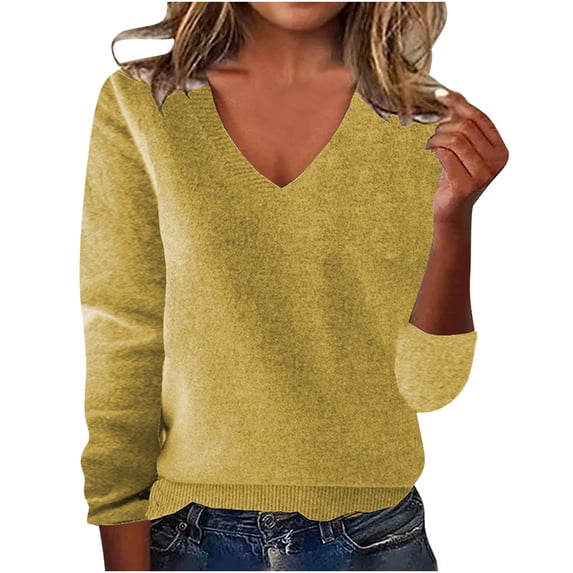 Women's V Neck Pullover Knitted Sweater Solid Color Long Sleeved Fall Winter Fashion Base Shirt Top