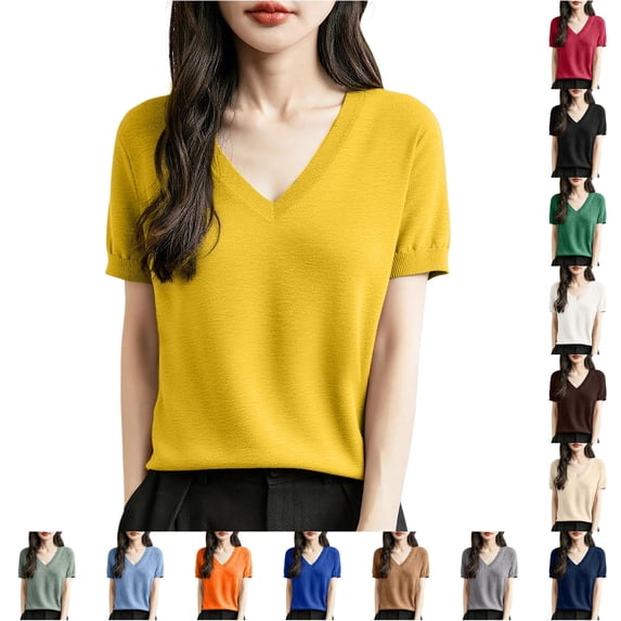 Women's V Neck Pullover Short Sleeve Lightweight Knit Sweater for Business Casual Summer Fall Top