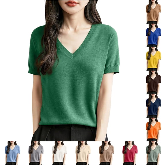 Women's V Neck Pullover Short Sleeve Lightweight Knit Sweater for Business Casual Summer Fall Top