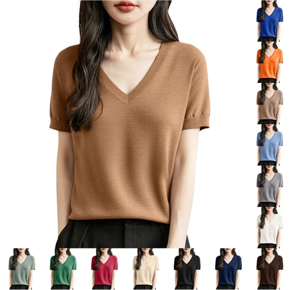 Women's V Neck Pullover Short Sleeve Lightweight Knit Sweater for Business Casual Summer Fall Top