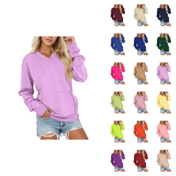 Women's V Neck Pullover Sweatshirt, Soft Long Sleeve, Oversized Comfy with Pockets, Loose Fit Fall Winter Tops