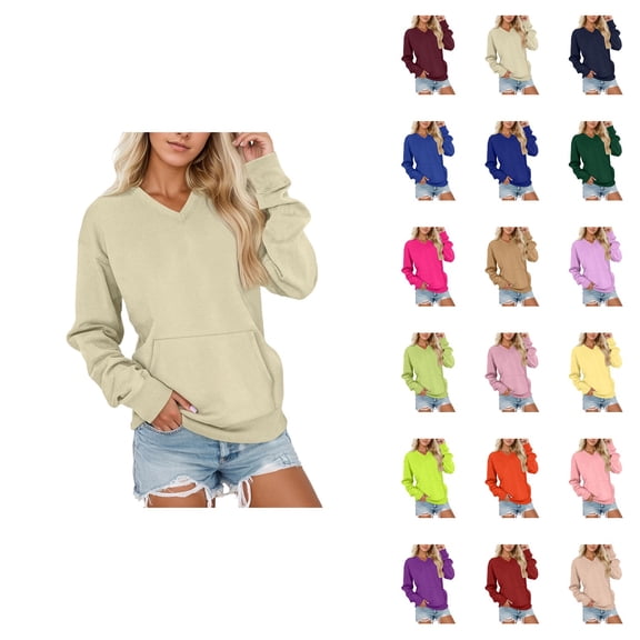 Women's V Neck Pullover Sweatshirt, Soft Long Sleeve, Oversized Comfy with Pockets, Loose Fit Fall Winter Tops