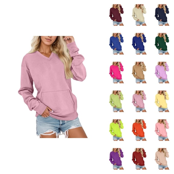 Women's V Neck Pullover Sweatshirt, Soft Long Sleeve, Oversized Comfy with Pockets, Loose Fit Fall Winter Tops