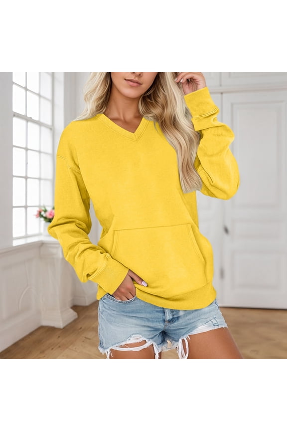 Women's V Neck Pullover Sweatshirt Soft Long Sleeve Casual Tops For Daily Wear And Sports Comfortable Loose Fit Winter Clothing With Pockets Olive Sweatshirt Women Casual Ladies Sweatshirts