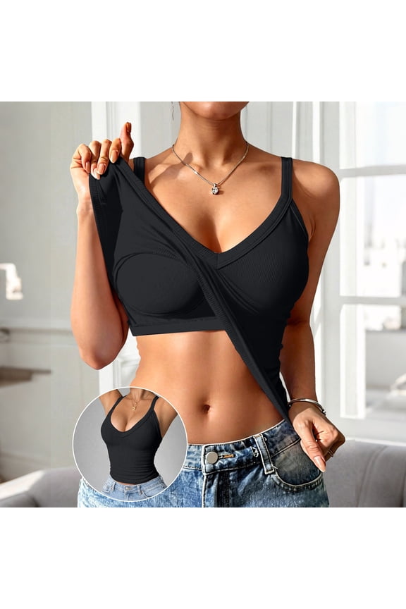 Women's V Neck Racerback Tank Top with Built in Bra, Thin Spaghetti Strap Sleeveless Basic Shirt, Sexy Camisole for Daily Wear or Going Out, Plus Size Available, Soft and Stretchy Black M