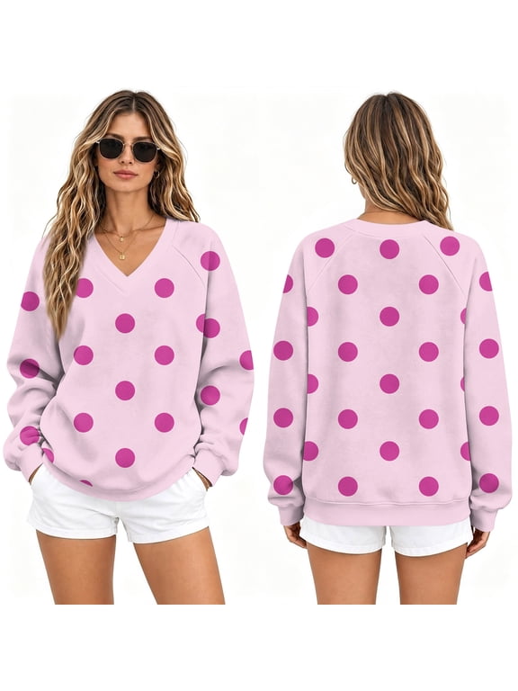 Women's V-Neck Raglan Sleeve Polka Dot Print Sweatshirt Loose Casual Pullover Top
