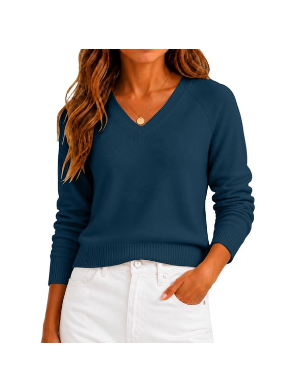 Women's V-Neck Raglan Sleeve Sweater, Long Sleeve Relaxed Fit Pullover Knit Top for Casual Everyday Wear