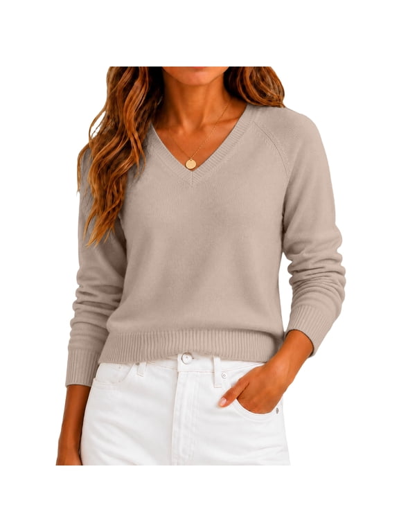 Women's V-Neck Raglan Sleeve Sweater, Long Sleeve Relaxed Fit Pullover Knit Top for Casual Everyday Wear